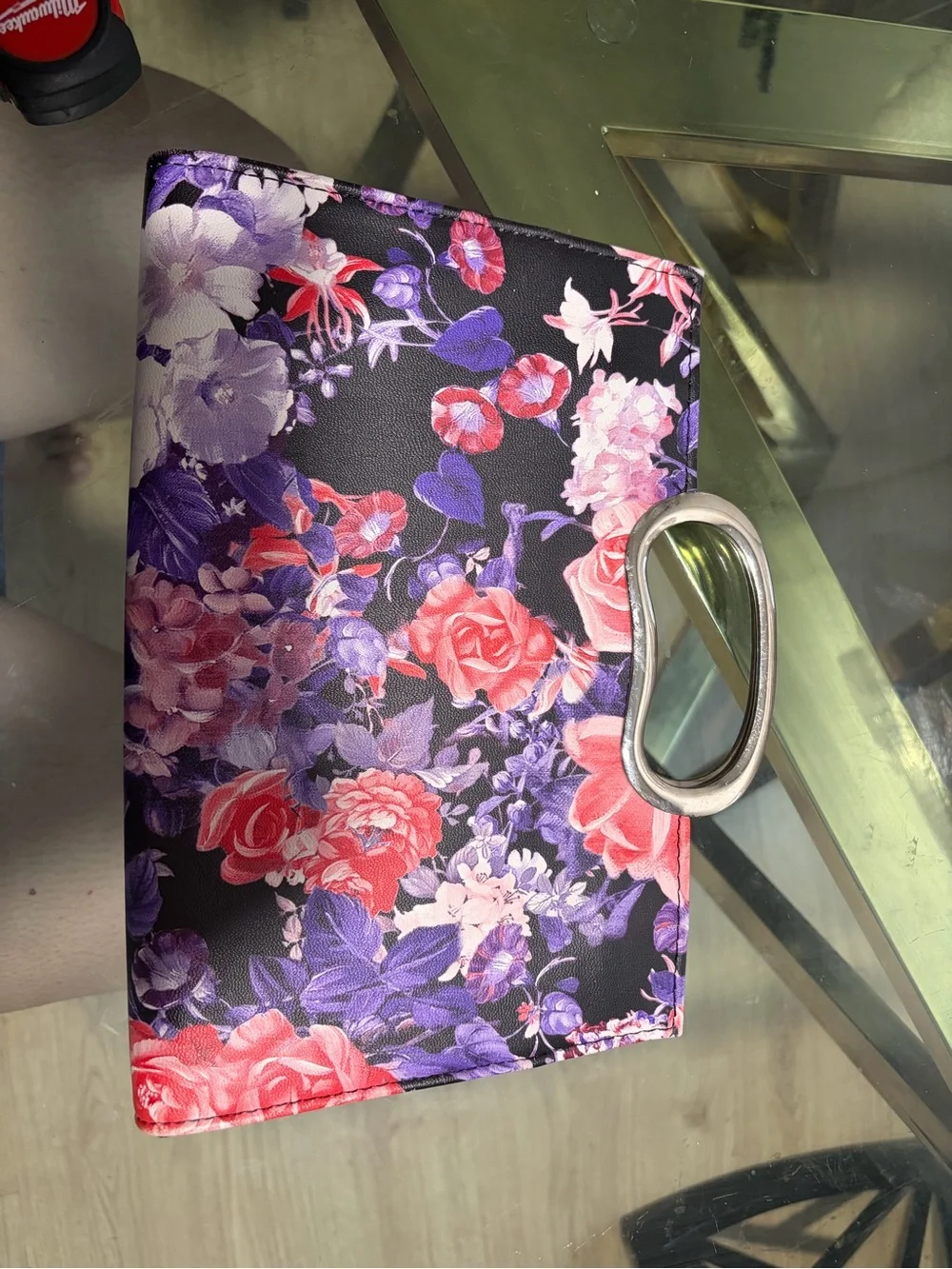 Vintage Floral Evening Clutch Handbag in Black with Pink & Purple Flowers
